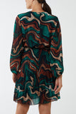 V-Neck Marble Pleated Skirt Mini Dress For Women  - Dropwear