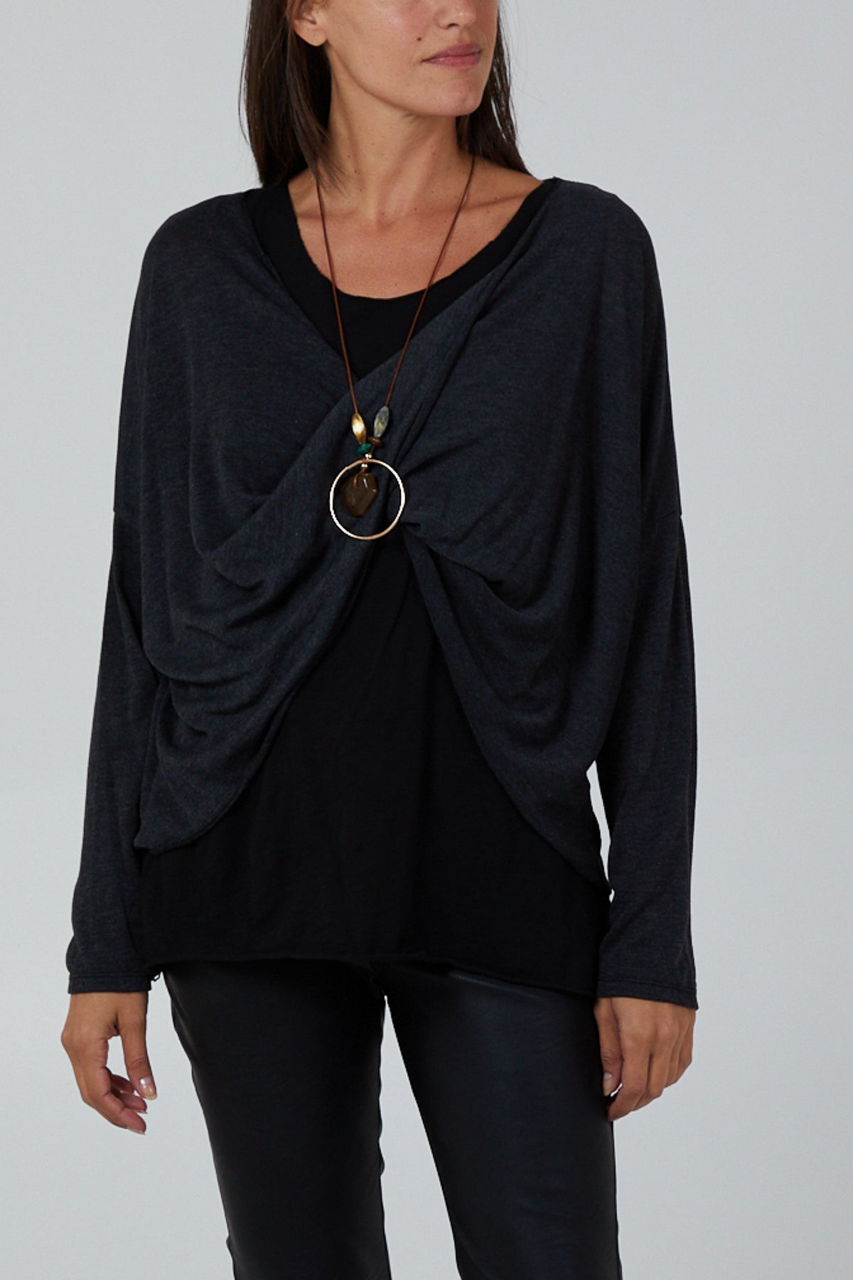 Twist Front 2 in 1 Necklace Long Sleeve Top For Women  - Dropwear