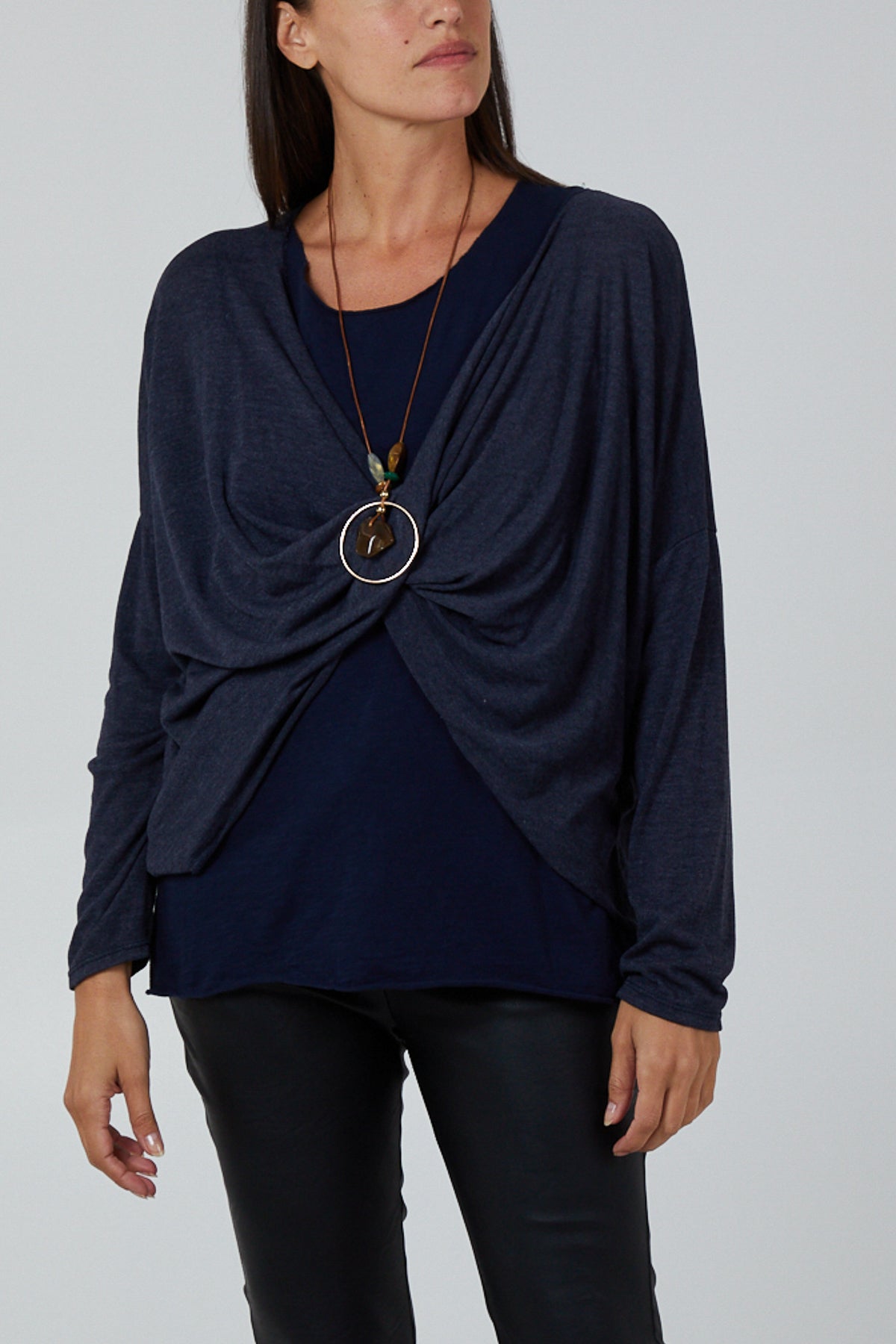 Navy Twist Front 2 in 1 Necklace Long Sleeve Top For Women ONE SIZE - Dropwear