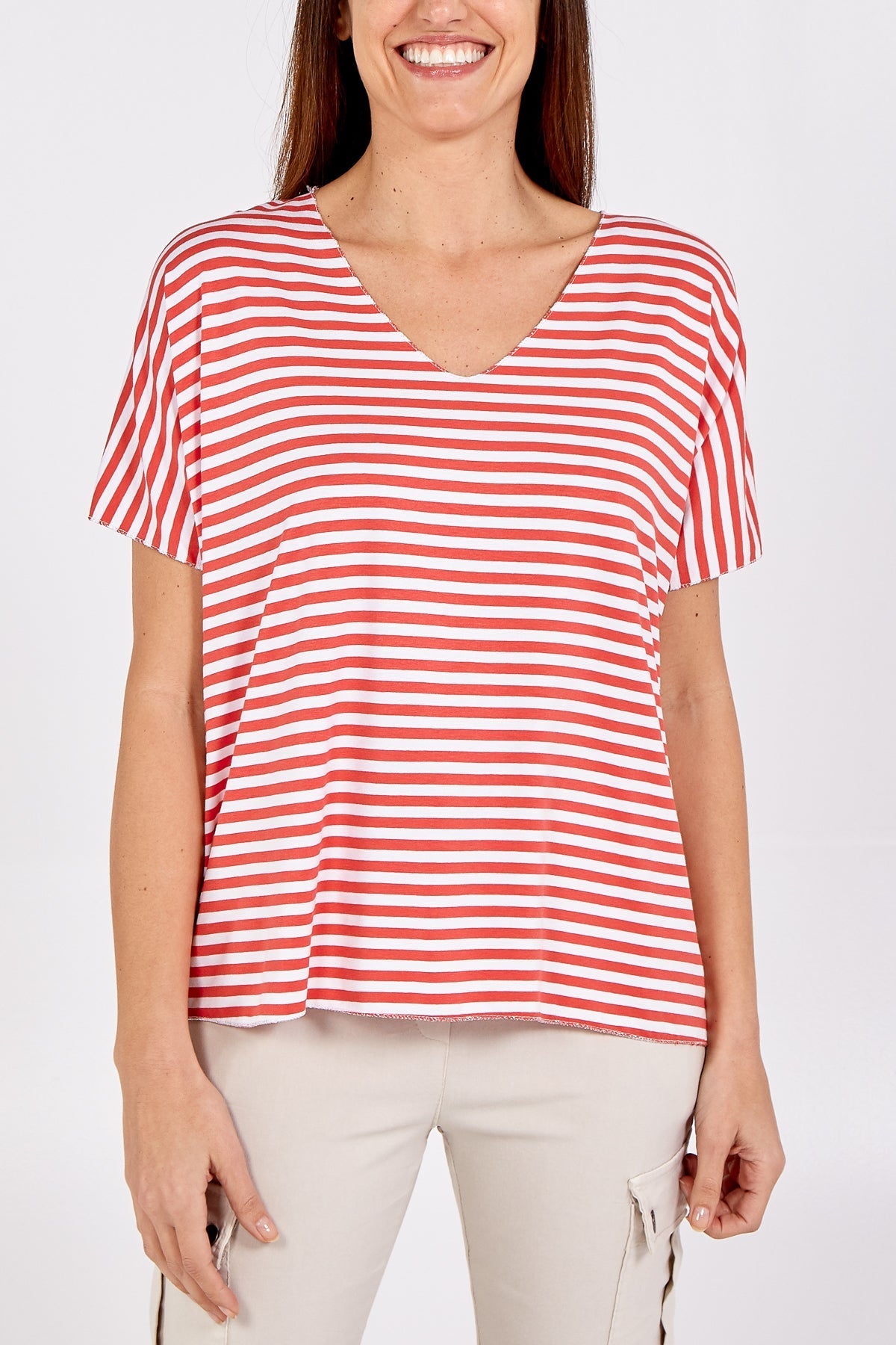 V-Neck Stripe T-Shirt For Women  - Dropwear