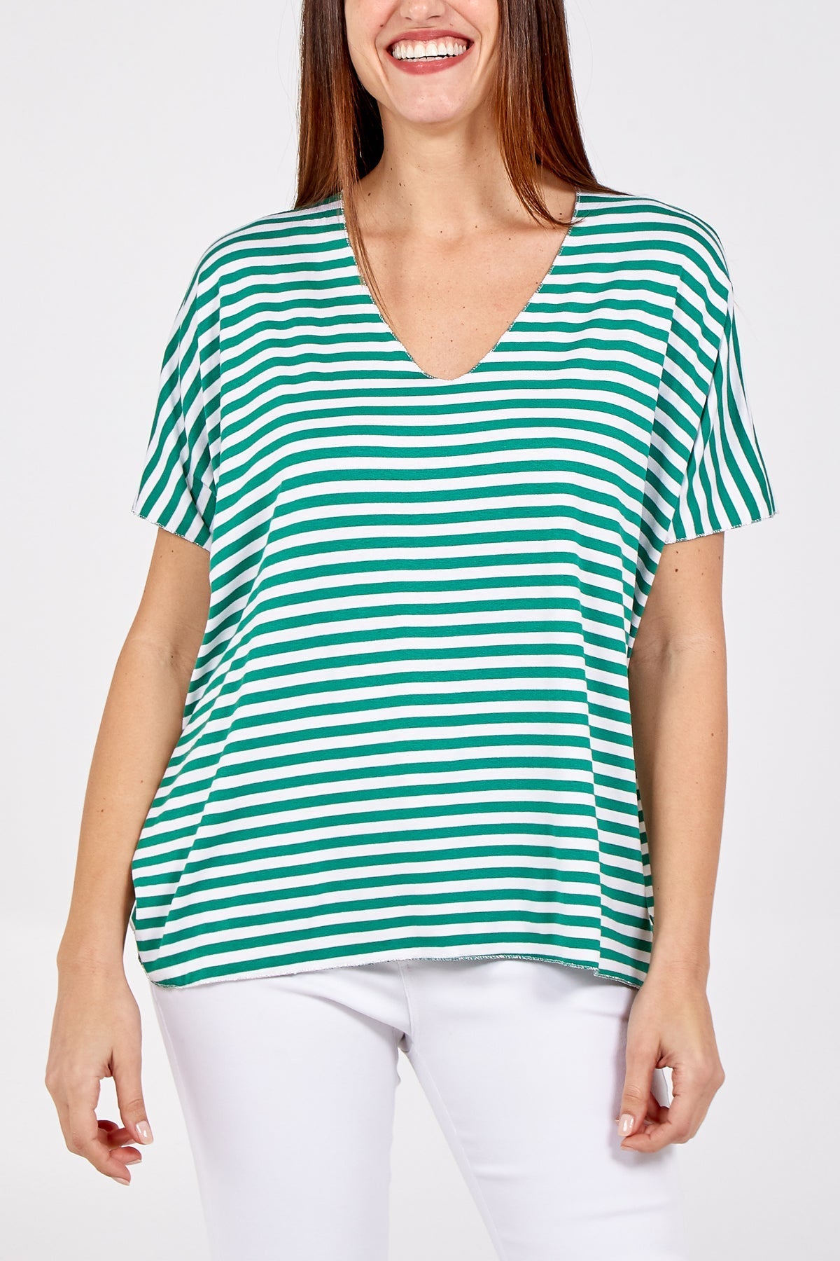Coral V-Neck Stripe T-Shirt For Women ONE SIZE - Dropwear