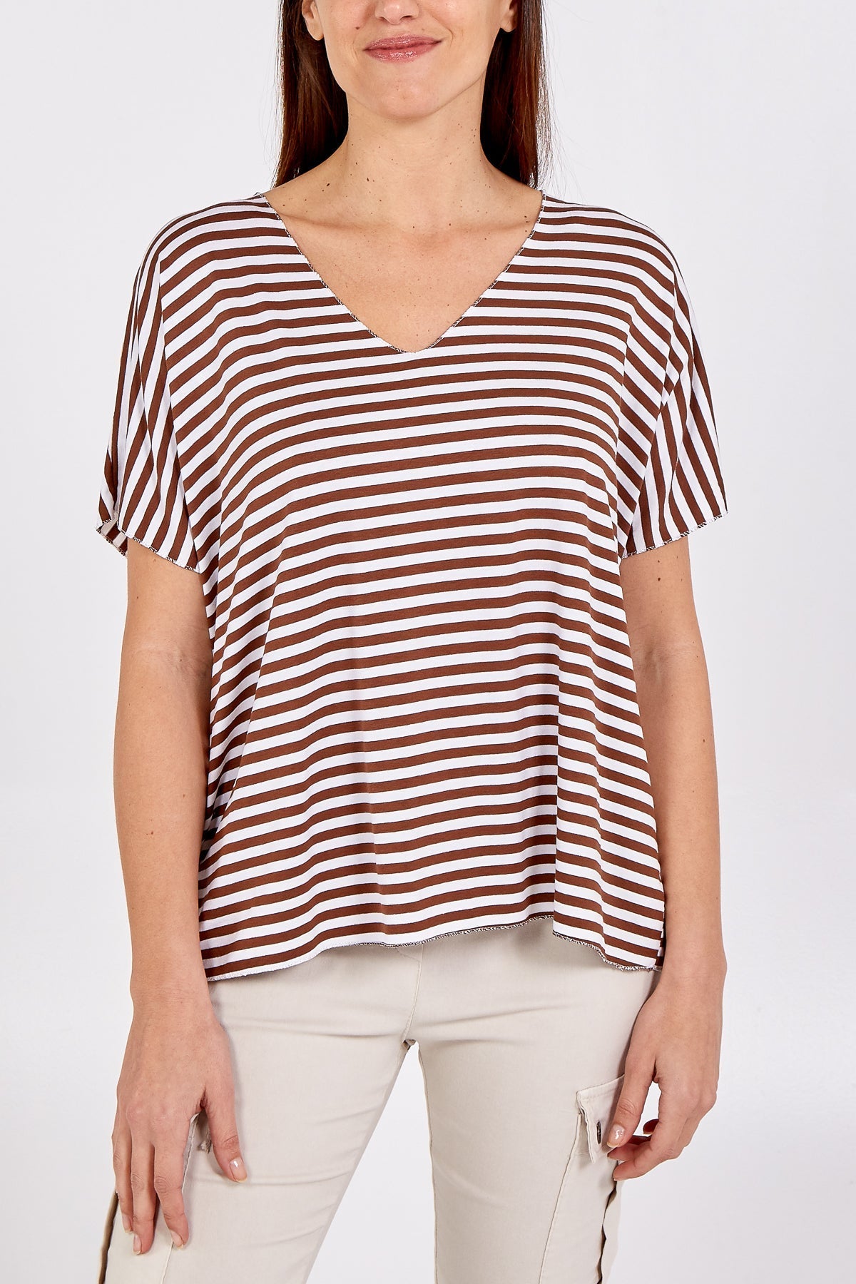 V-Neck Stripe T-Shirt For Women  - Dropwear