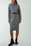 Grey Roll Neck Belted Knitted Midi Dress For Women ONE SIZE - Dropwear
