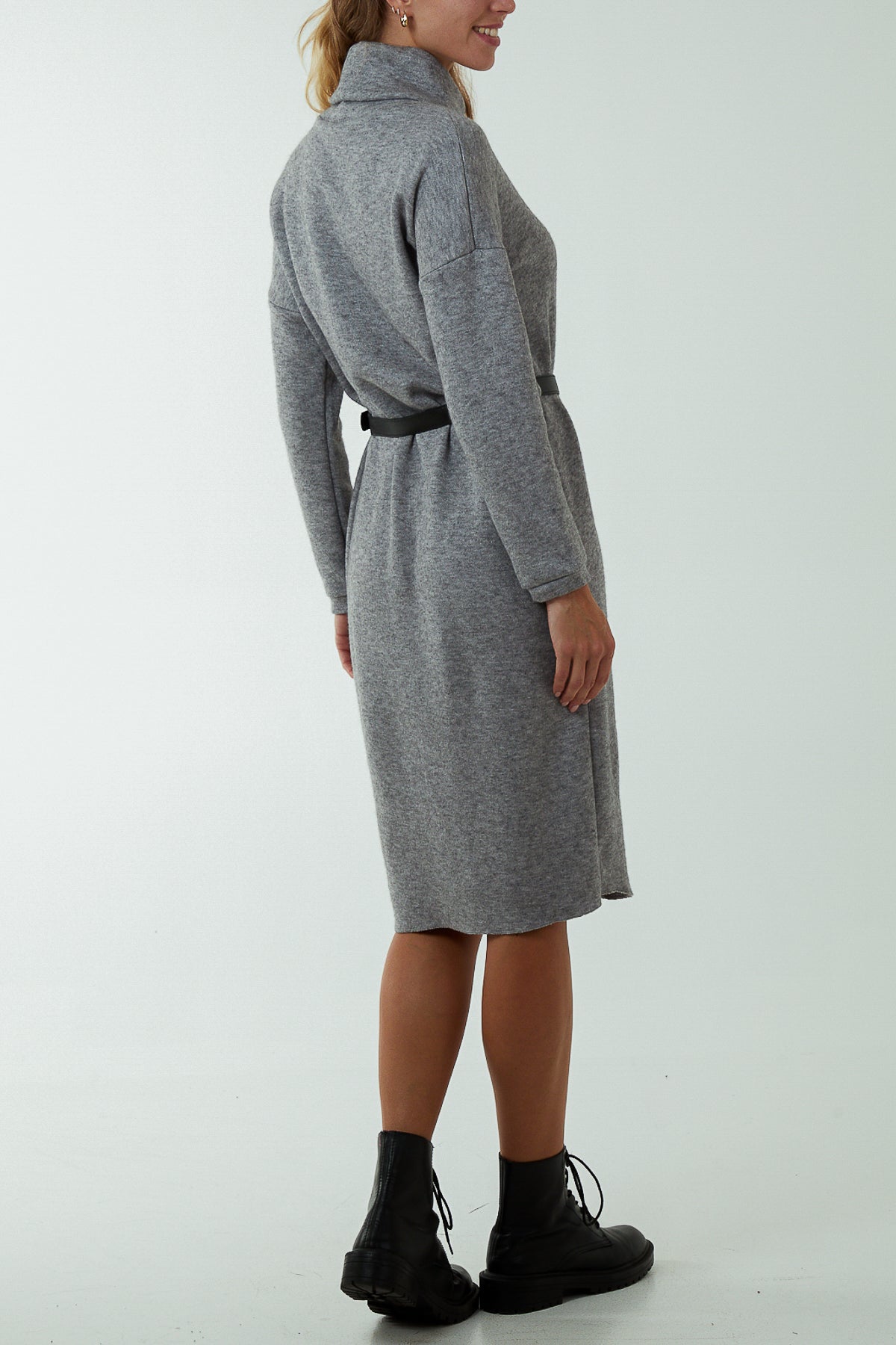 Light Blue Roll Neck Belted Knitted Midi Dress For Women ONE SIZE - Dropwear