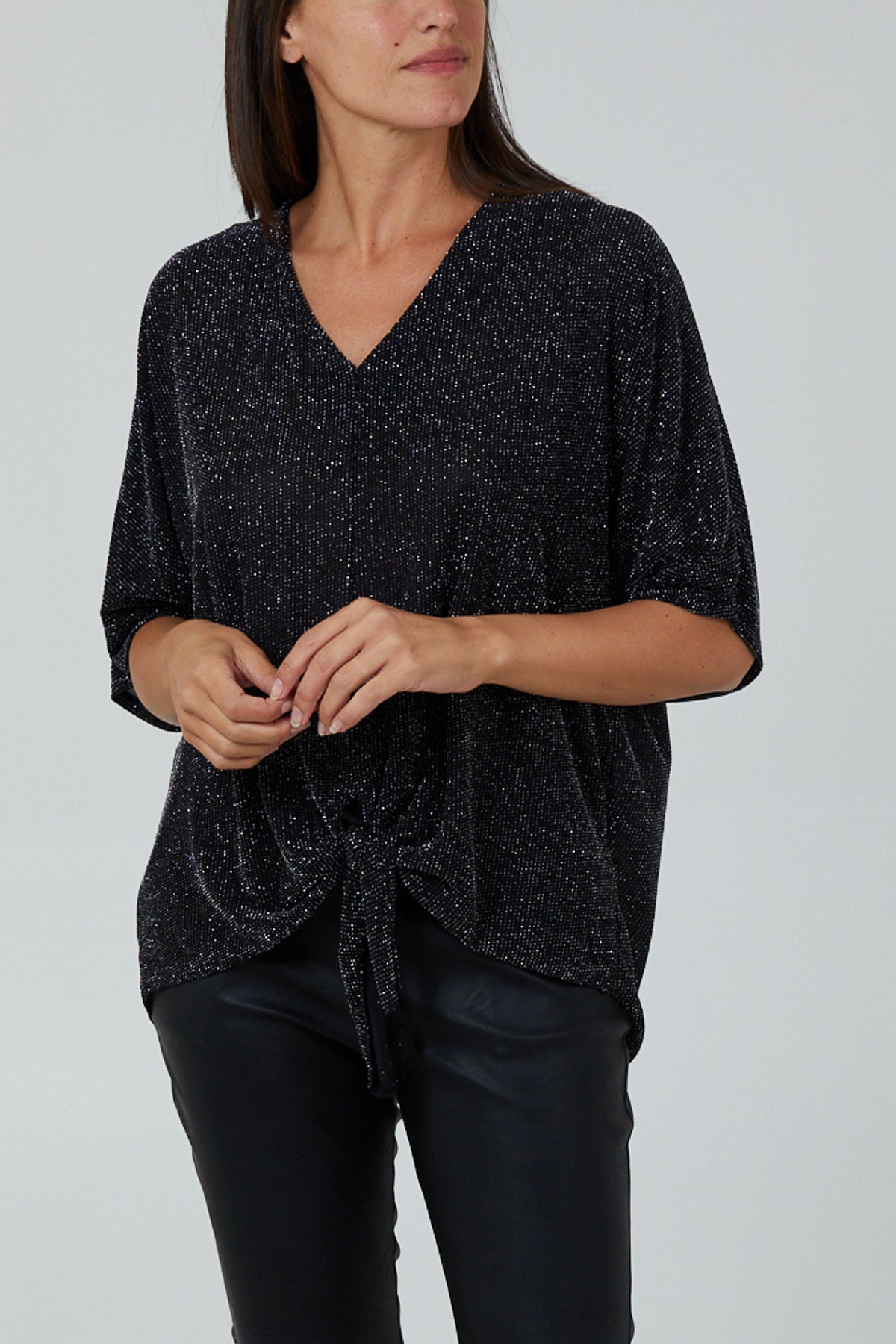 Gold Glitter Lurex Tie Front Hem Blouse For Women ONE SIZE - Dropwear