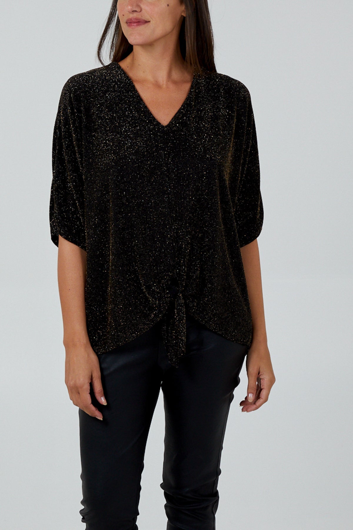 Glitter Lurex Tie Front Hem Blouse For Women  - Dropwear