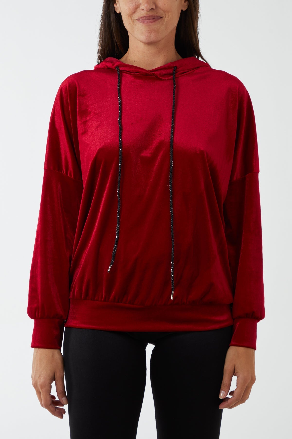 Red Velour Glitter Drawstring Hoodie For Women ONE SIZE - Dropwear