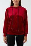 Red Velour Glitter Drawstring Hoodie For Women ONE SIZE - Dropwear