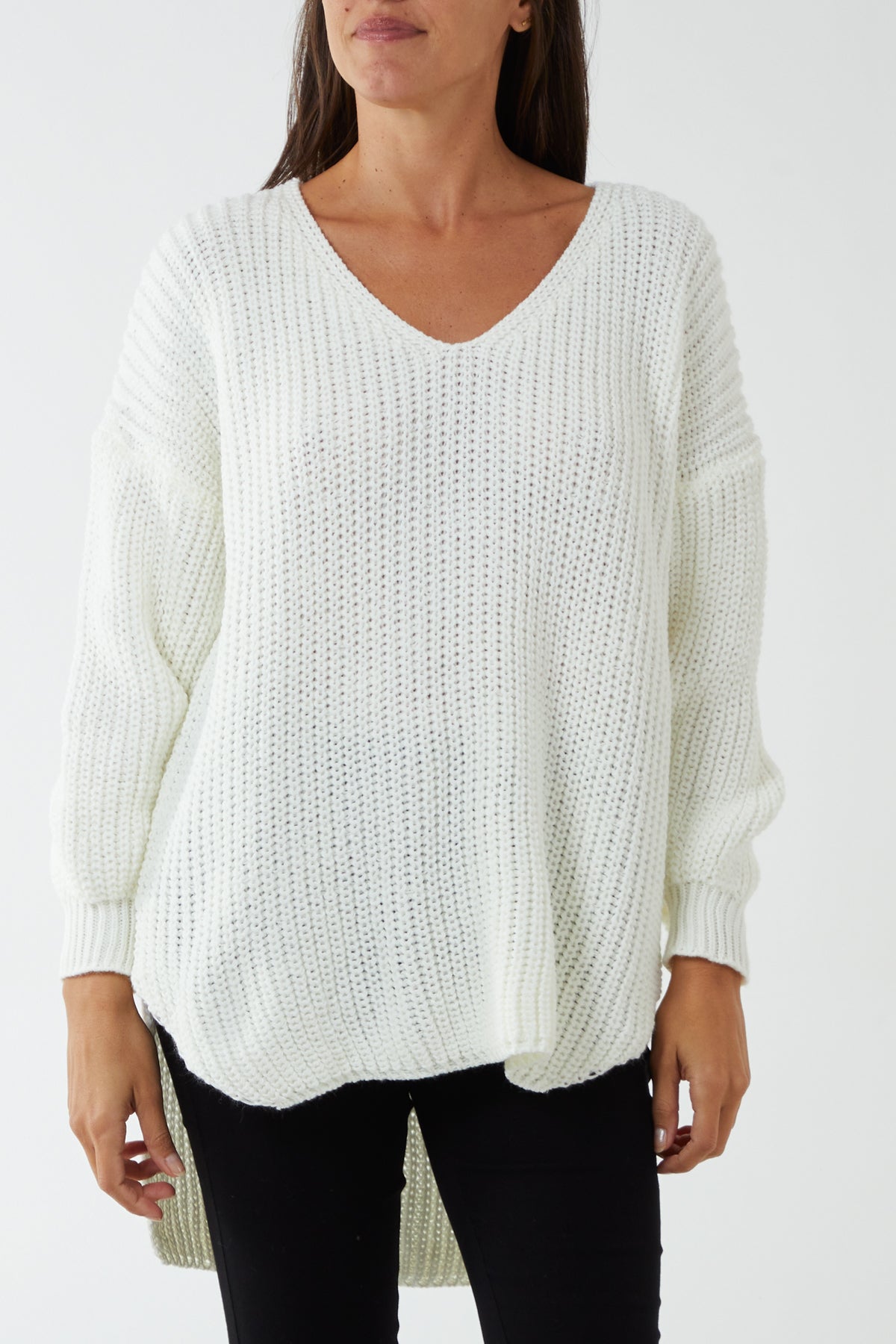 Cream Oversized V-Neck Chunky Knit Dip Hem Jumper For Women ONE SIZE - Dropwear