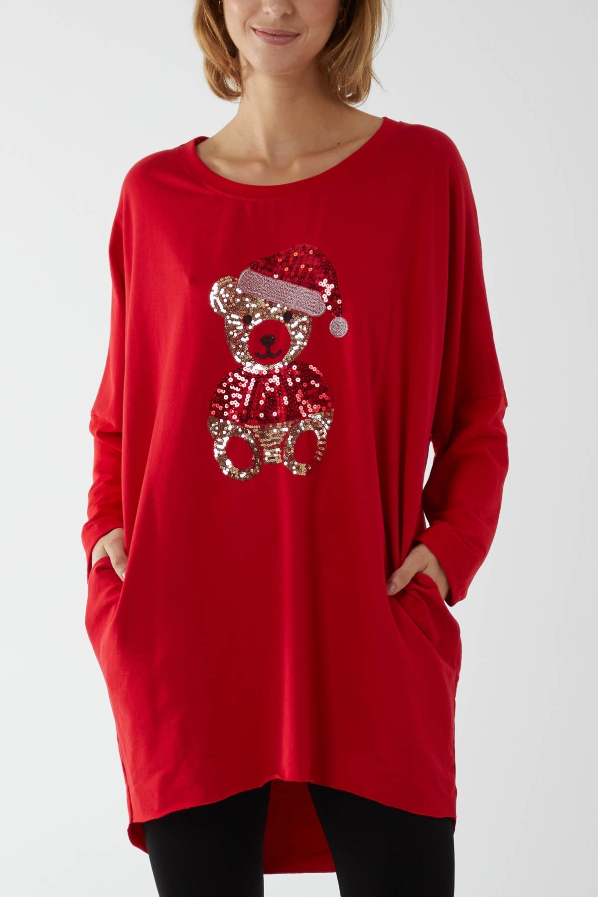 Red Sequin Teddy Bear Christmas Sweatshirt Jumper For Women ONE SIZE - Dropwear