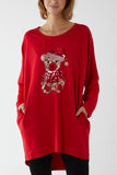 Red Sequin Teddy Bear Christmas Sweatshirt Jumper For Women ONE SIZE - Dropwear