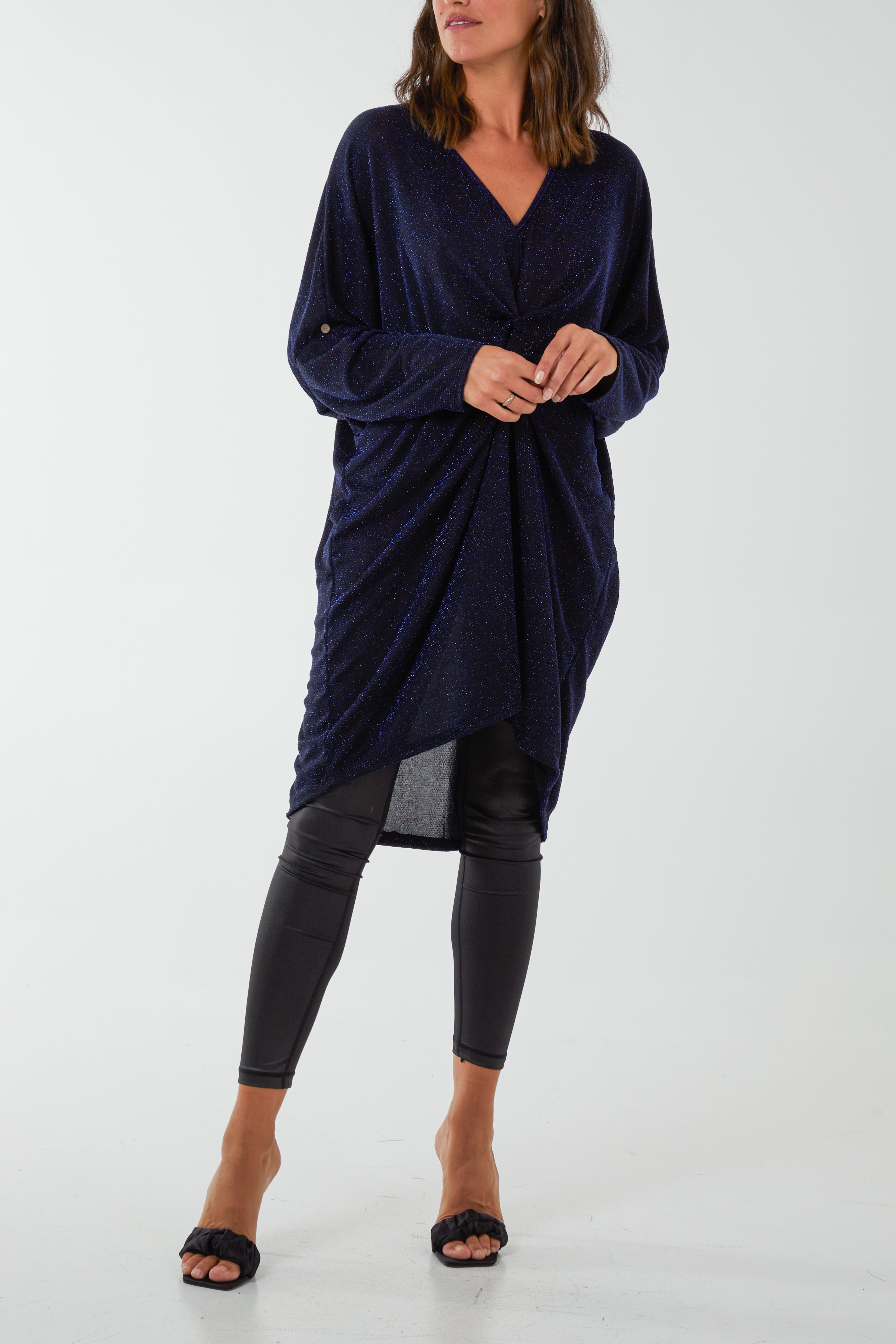 Glitter Lurex Twist Tie Knot Tunic Dress For Women  - Dropwear