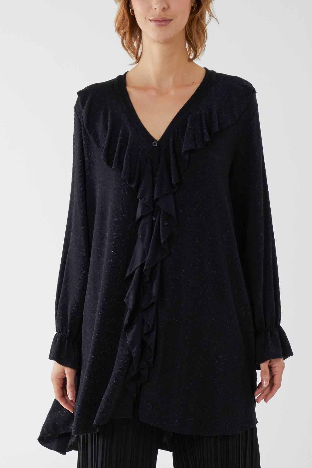 Glitter Lurex Ruffle Flounce Button Blouse For Women  - Dropwear