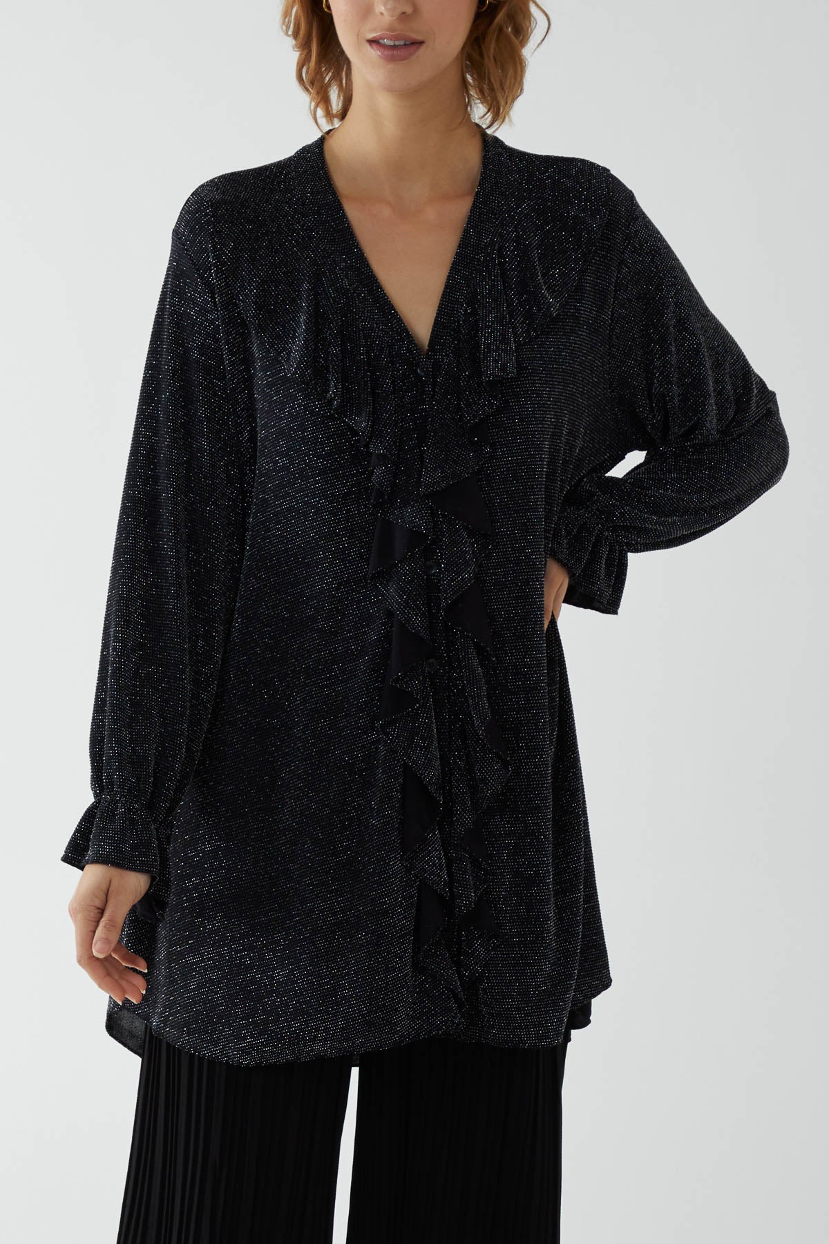 Teal Glitter Lurex Ruffle Flounce Button Blouse For Women ONE SIZE - Dropwear