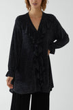 Teal Glitter Lurex Ruffle Flounce Button Blouse For Women ONE SIZE - Dropwear