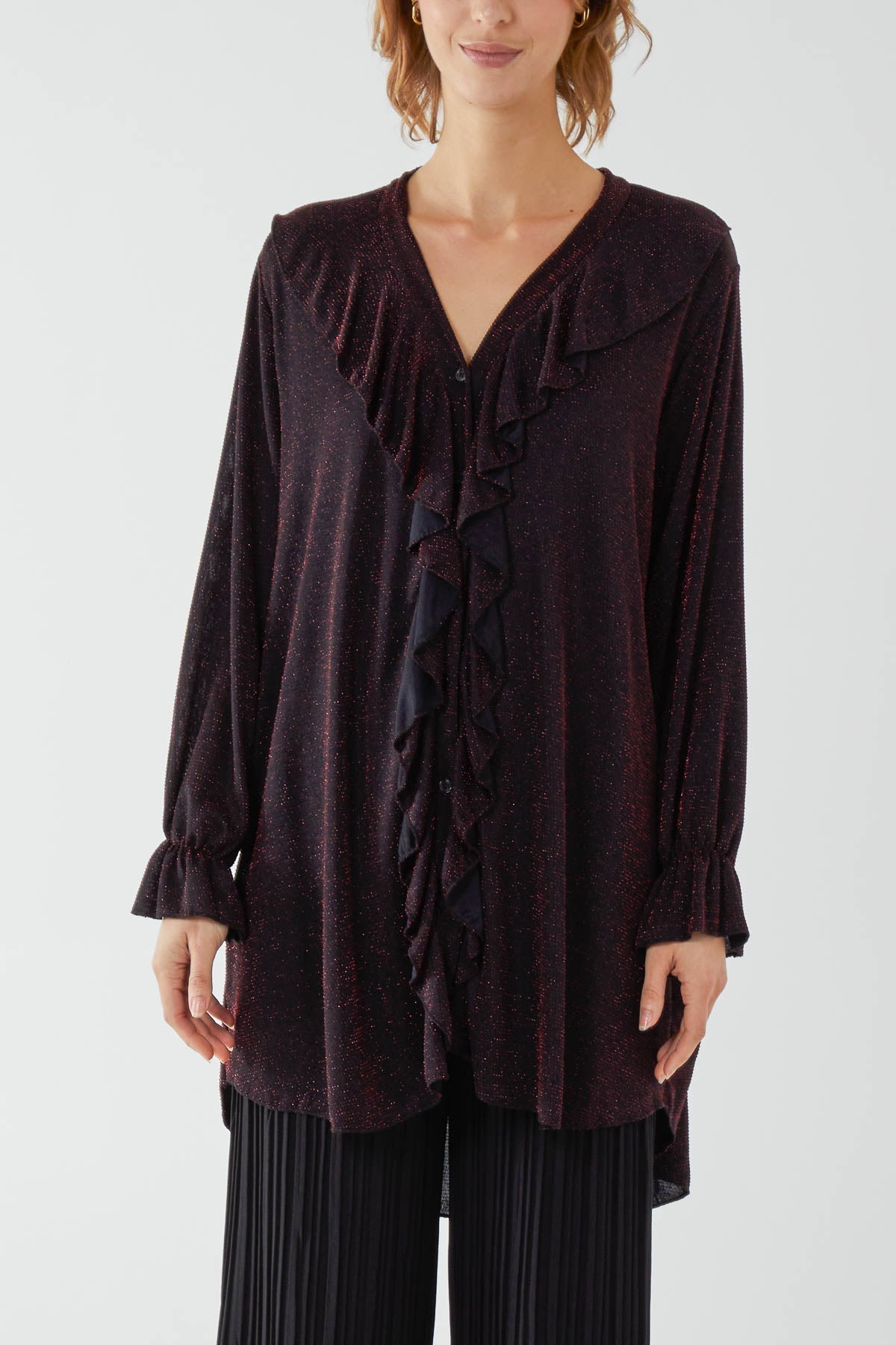 Glitter Lurex Ruffle Flounce Button Blouse For Women  - Dropwear