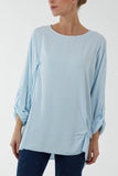 Sky Blue Round Neck Button Sleeve Blouse For Women ONE SIZE - Dropwear