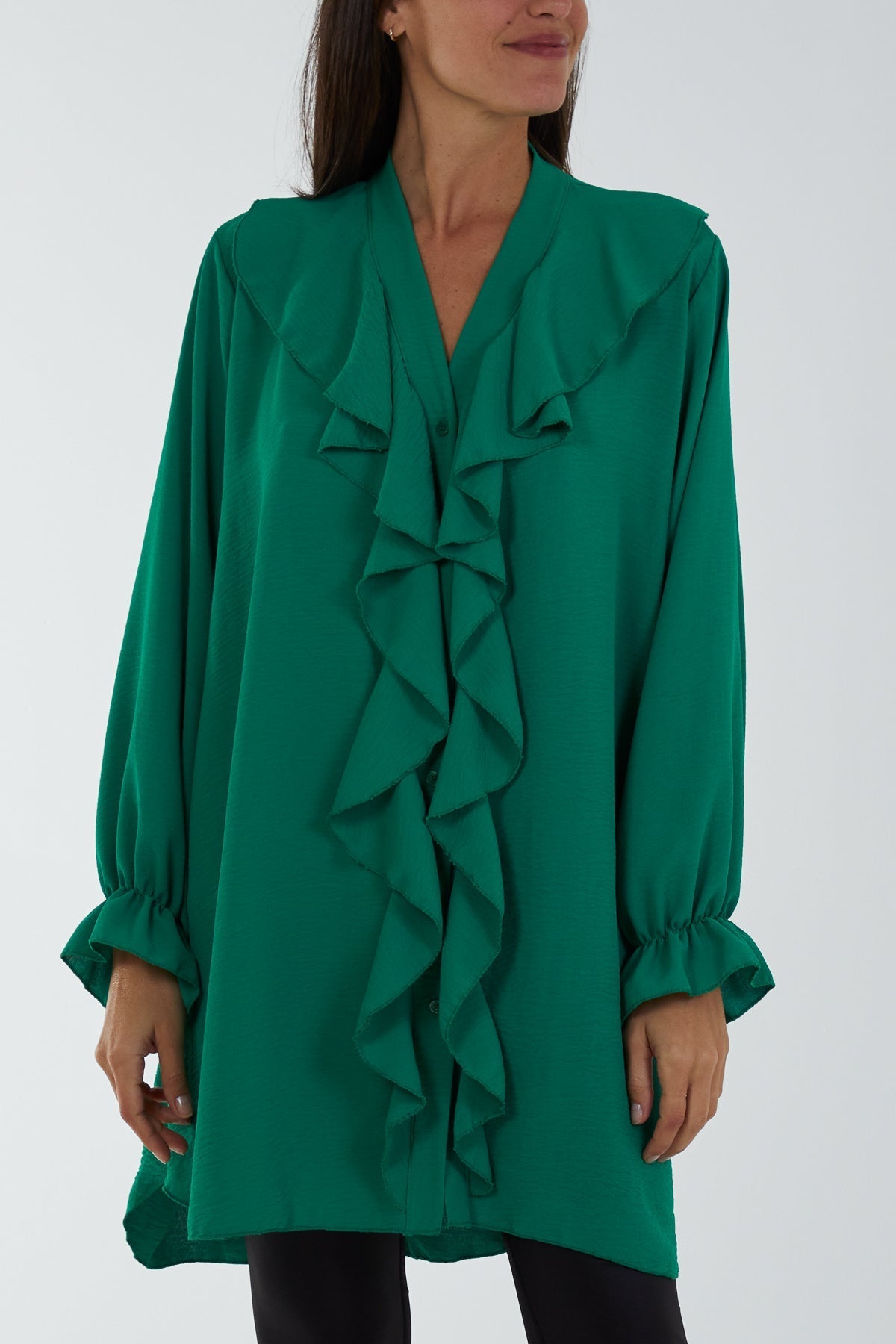 Bottle Green Flounce Poly Crepe Oversized Shirt For Women ONE SIZE - Dropwear