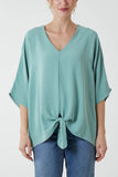 Olive V-Neck Centre Front Tie Hem Blouse For Women ONE SIZE - Dropwear