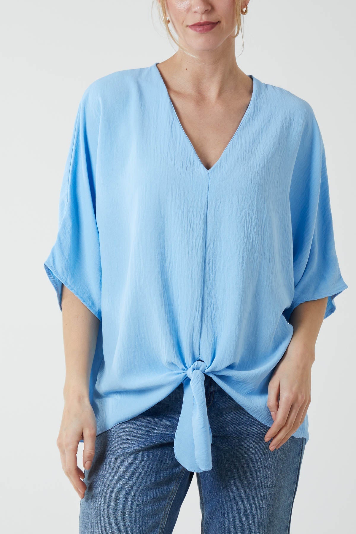 V-Neck Centre Front Tie Hem Blouse For Women  - Dropwear