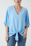 V-Neck Centre Front Tie Hem Blouse For Women  - Dropwear