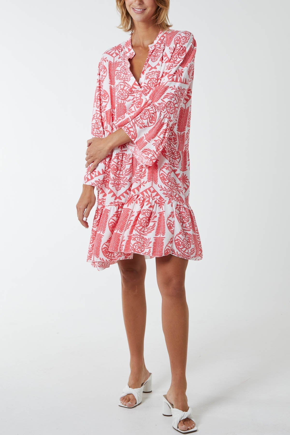 Blush Tiered Baroque Floral Smock Print Dress For Women ONE SIZE - Dropwear