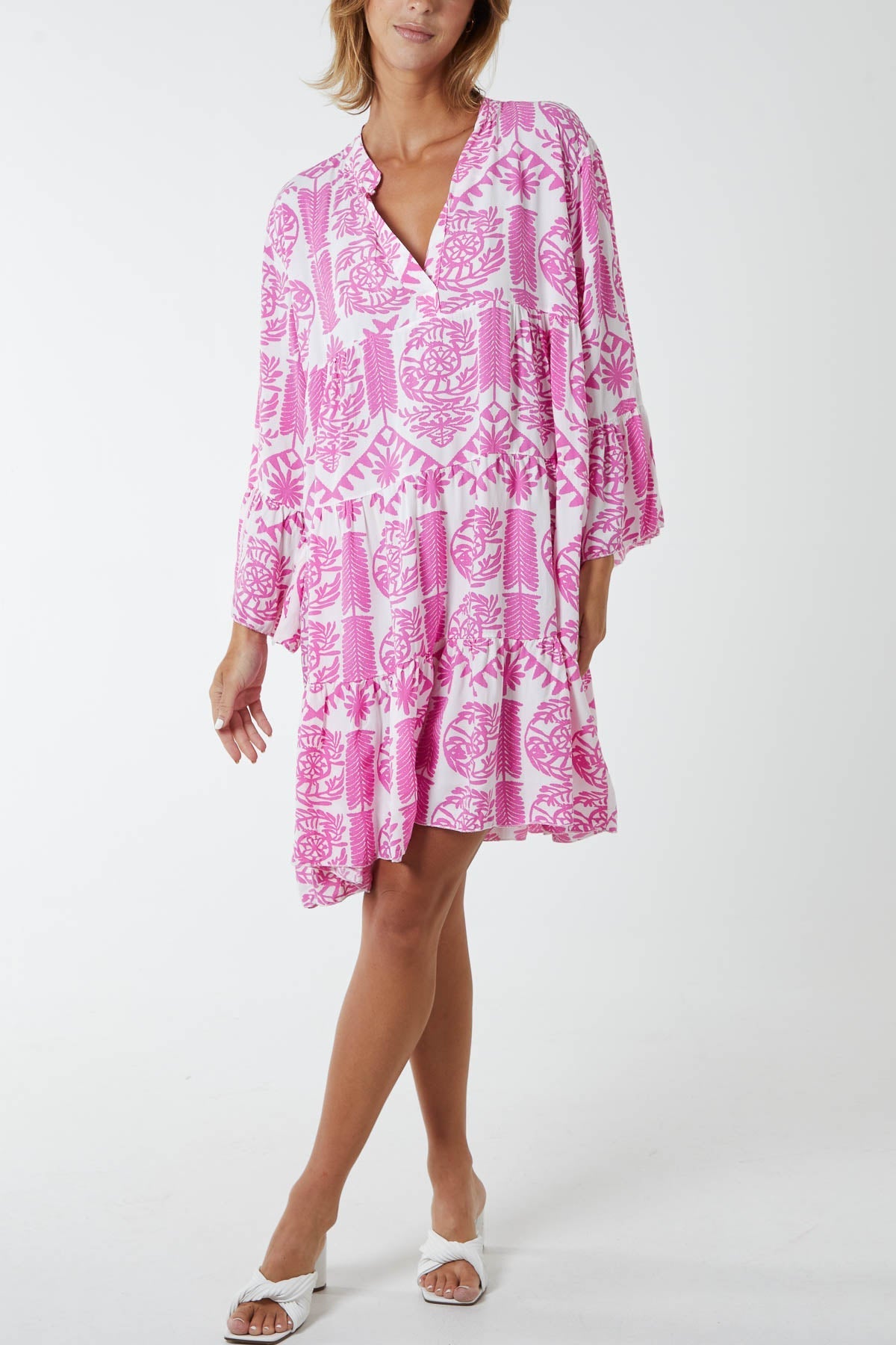 Lilac Tiered Baroque Floral Smock Print Dress For Women ONE SIZE - Dropwear