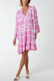 Lilac Tiered Baroque Floral Smock Print Dress For Women ONE SIZE - Dropwear