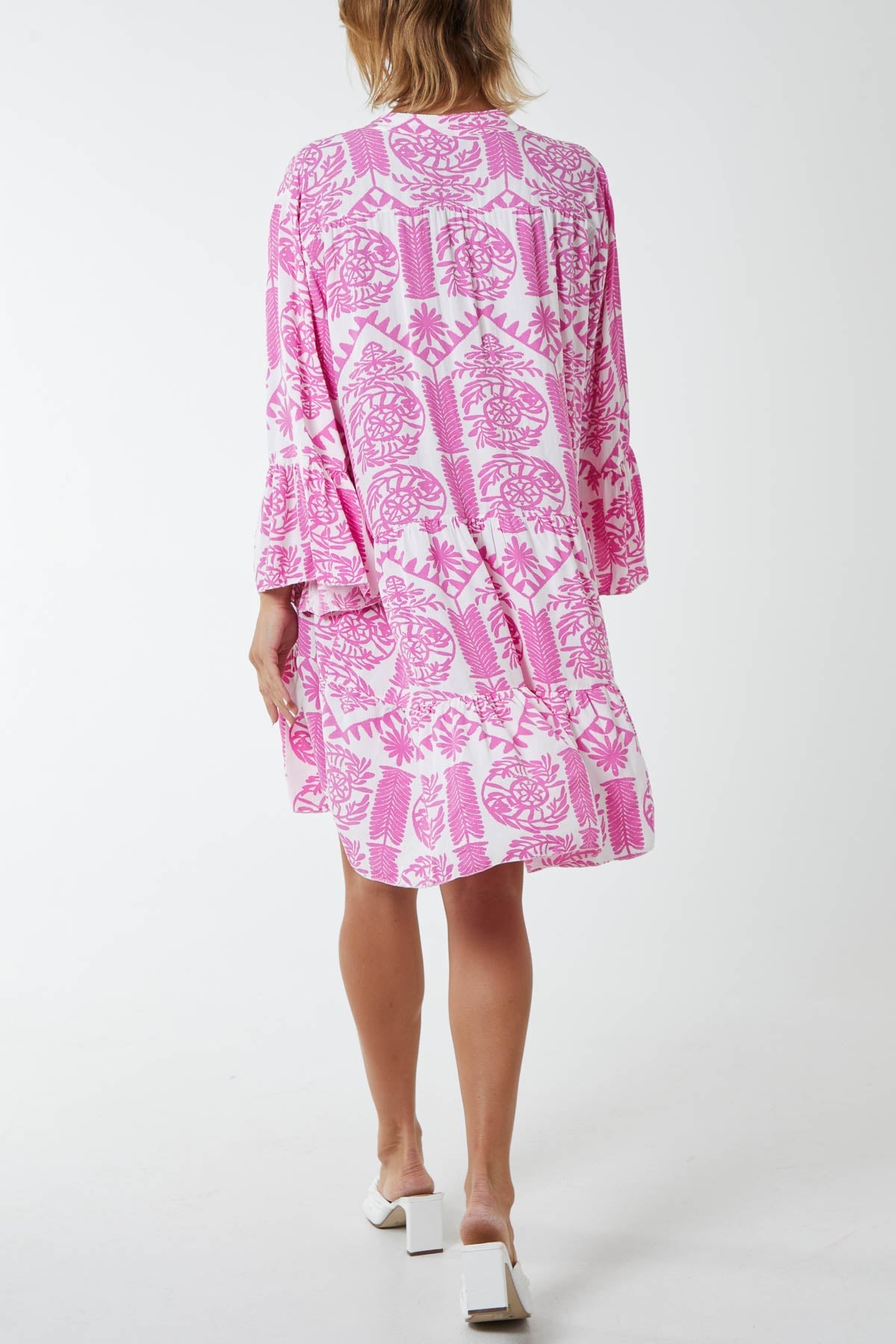 Light Blue Tiered Baroque Floral Smock Print Dress For Women ONE SIZE - Dropwear