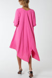 Hot Pink Floaty Asymmetric Hem Midi Dress For Women ONE SIZE - Dropwear