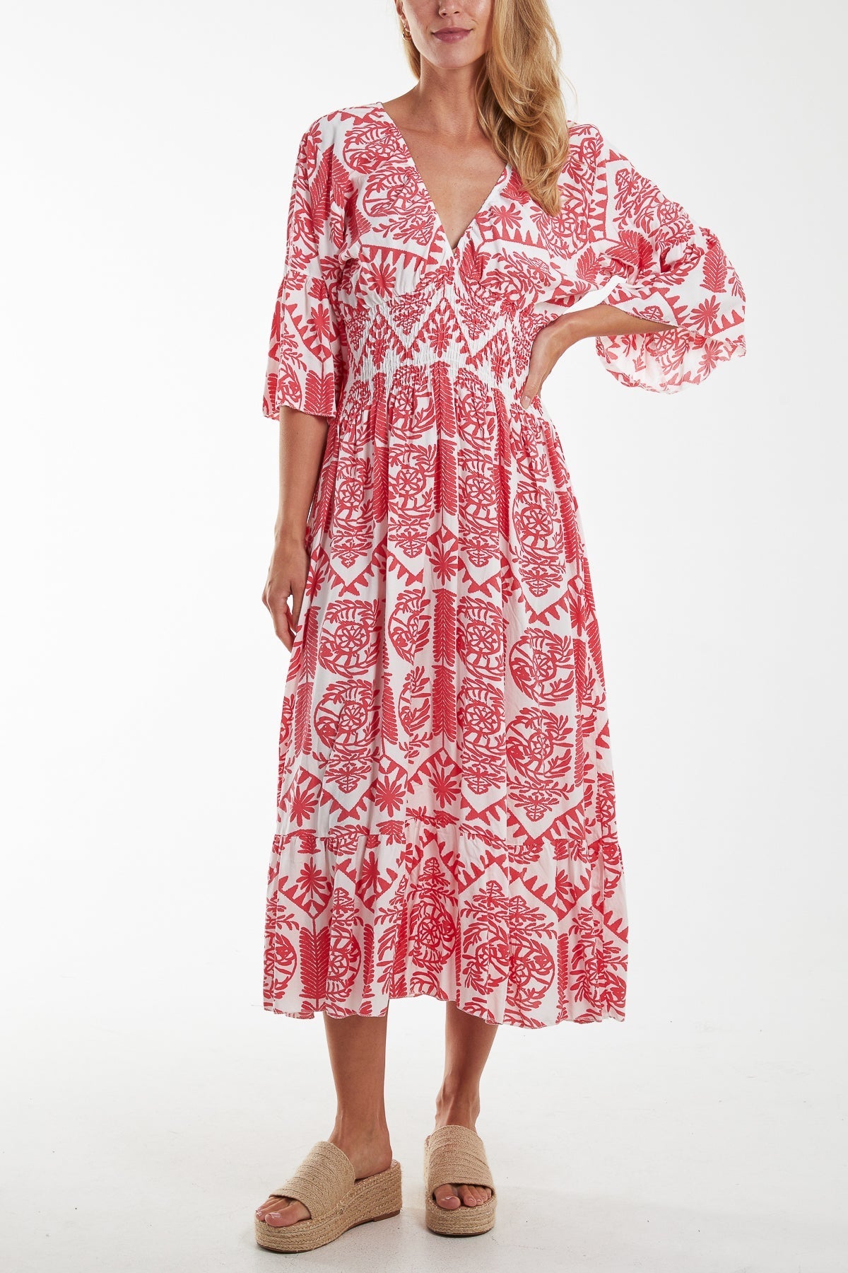 Navy Baroque Floral Shirred Midi Dress For Women ONE SIZE - Dropwear