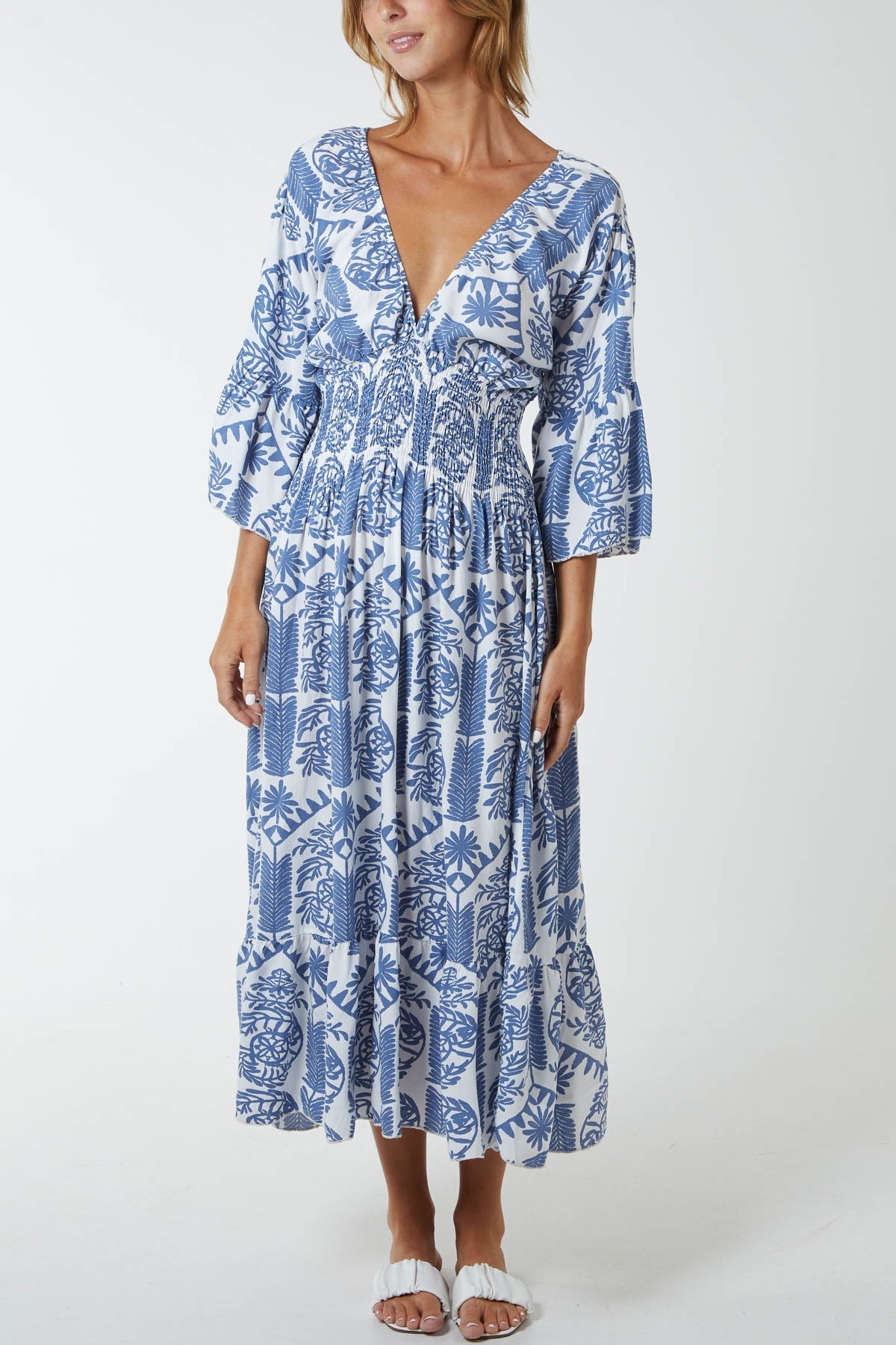 Lilac Baroque Floral Shirred Midi Dress For Women ONE SIZE - Dropwear