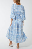 Royal Blue Baroque Floral Shirred Midi Dress For Women ONE SIZE - Dropwear