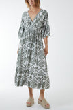 Baroque Floral Shirred Midi Dress For Women  - Dropwear