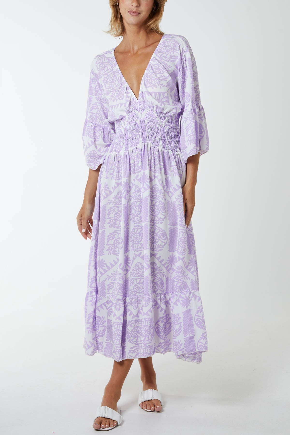 Baroque Floral Shirred Midi Dress For Women  - Dropwear