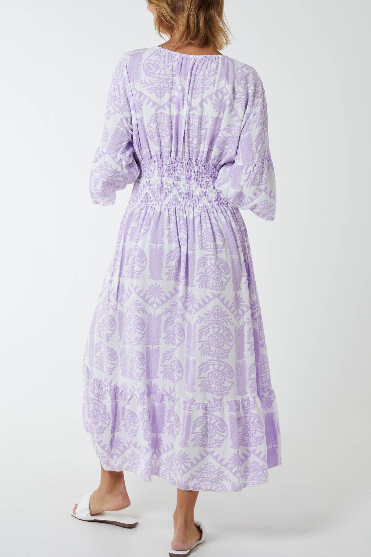 Baroque Floral Shirred Midi Dress For Women  - Dropwear