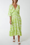 Orange Baroque Floral Shirred Midi Dress For Women ONE SIZE - Dropwear