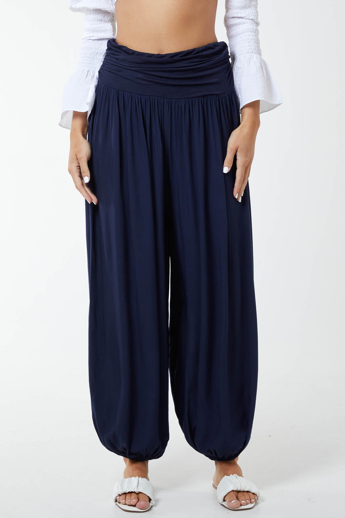 White Harem Jersey Waistband Trousers For Women ONE SIZE - Dropwear