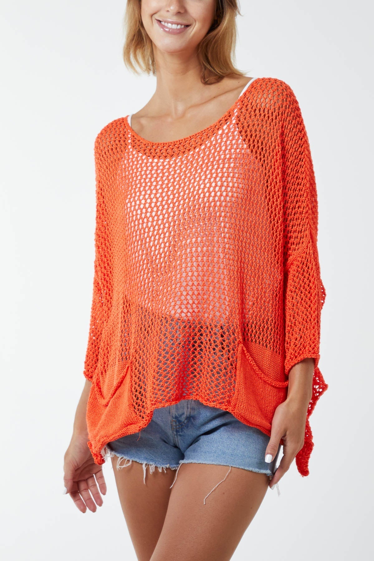 Orange Two Pocket Crochet Blouse For Women ONE SIZE - Dropwear