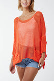 Orange Two Pocket Crochet Blouse For Women ONE SIZE - Dropwear