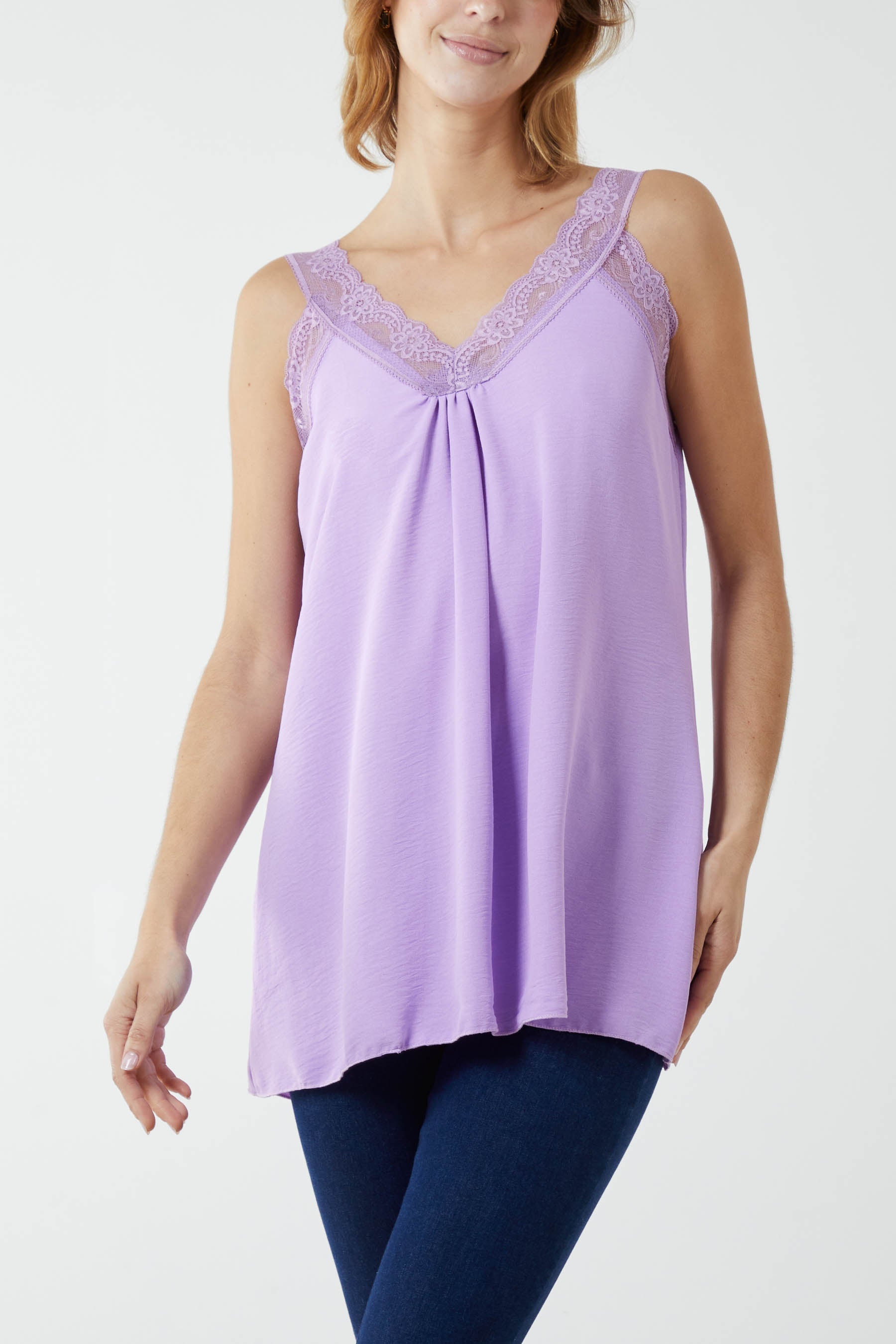 Hot Pink Lace Cami V Neck Top For Women ONE SIZE - Dropwear