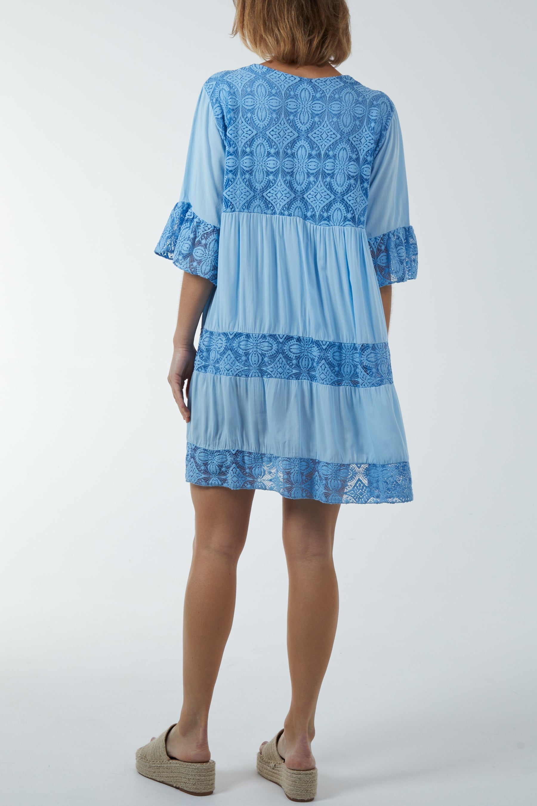 Pink Lace Tiered Smock Dress For Women ONE SIZE - Dropwear