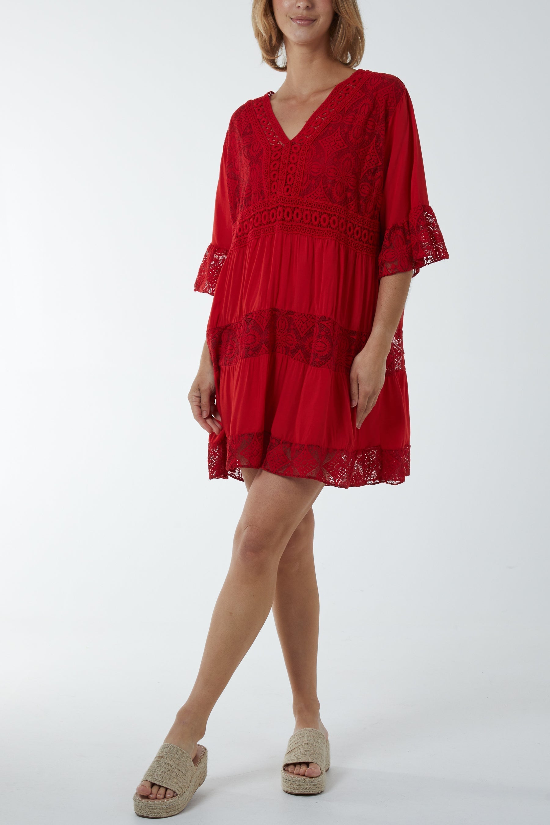 Red Lace Tiered Smock Dress For Women ONE SIZE - Dropwear