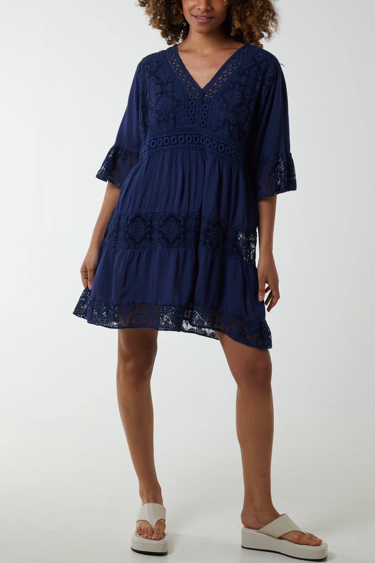 Hot Pink Lace Tiered Smock Dress For Women ONE SIZE - Dropwear