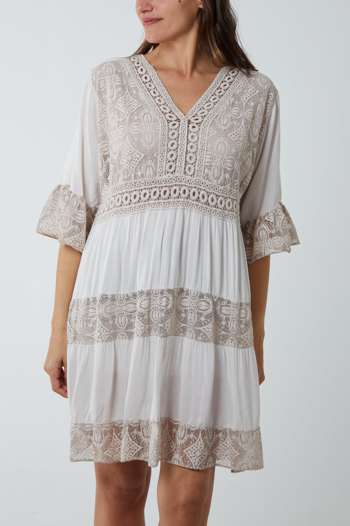 Stone Lace Tiered Smock Dress For Women ONE SIZE - Dropwear