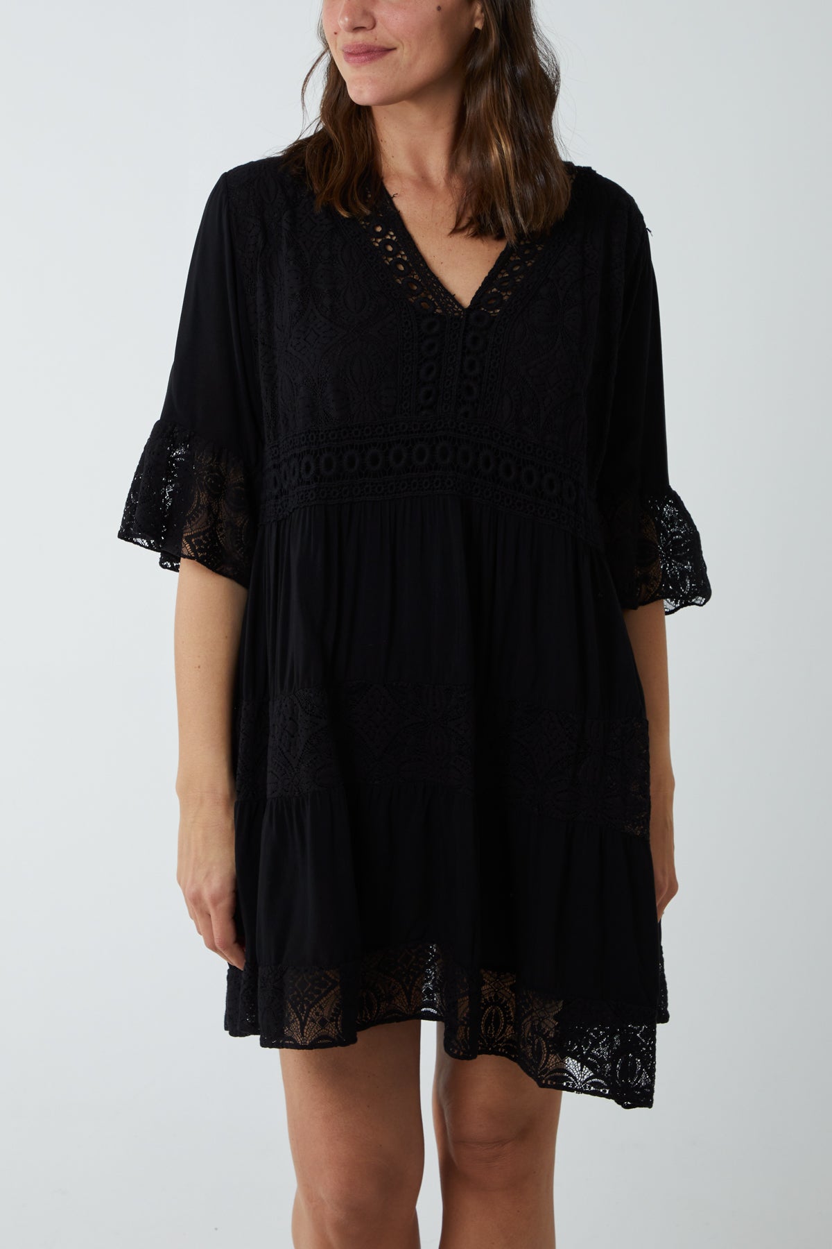 Lace Tiered Smock Dress For Women  - Dropwear