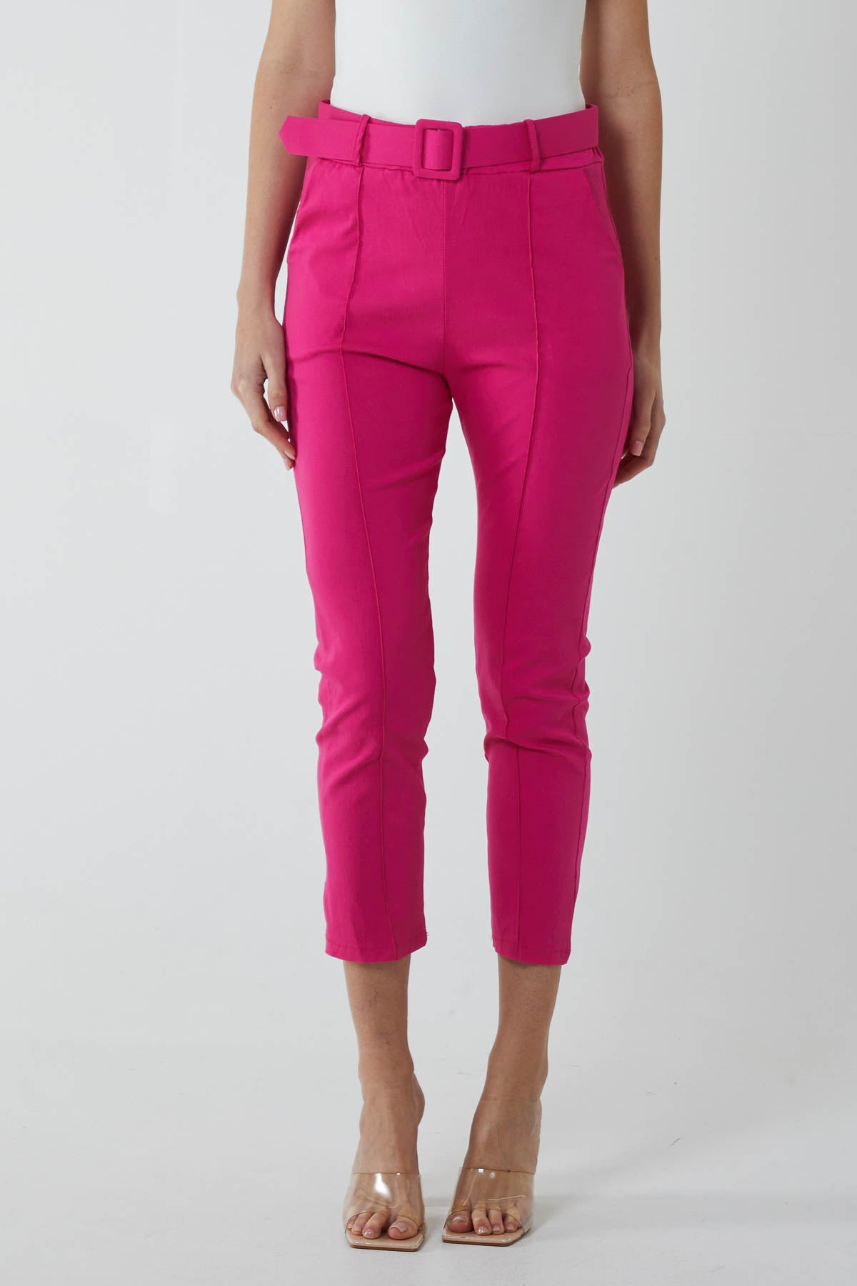 Hot Pink Pin Tuck Belted Capri Trousers For Women ONE SIZE - Dropwear