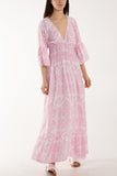 Baroque Shirred Bodice Maxi Dress For Women  - Dropwear