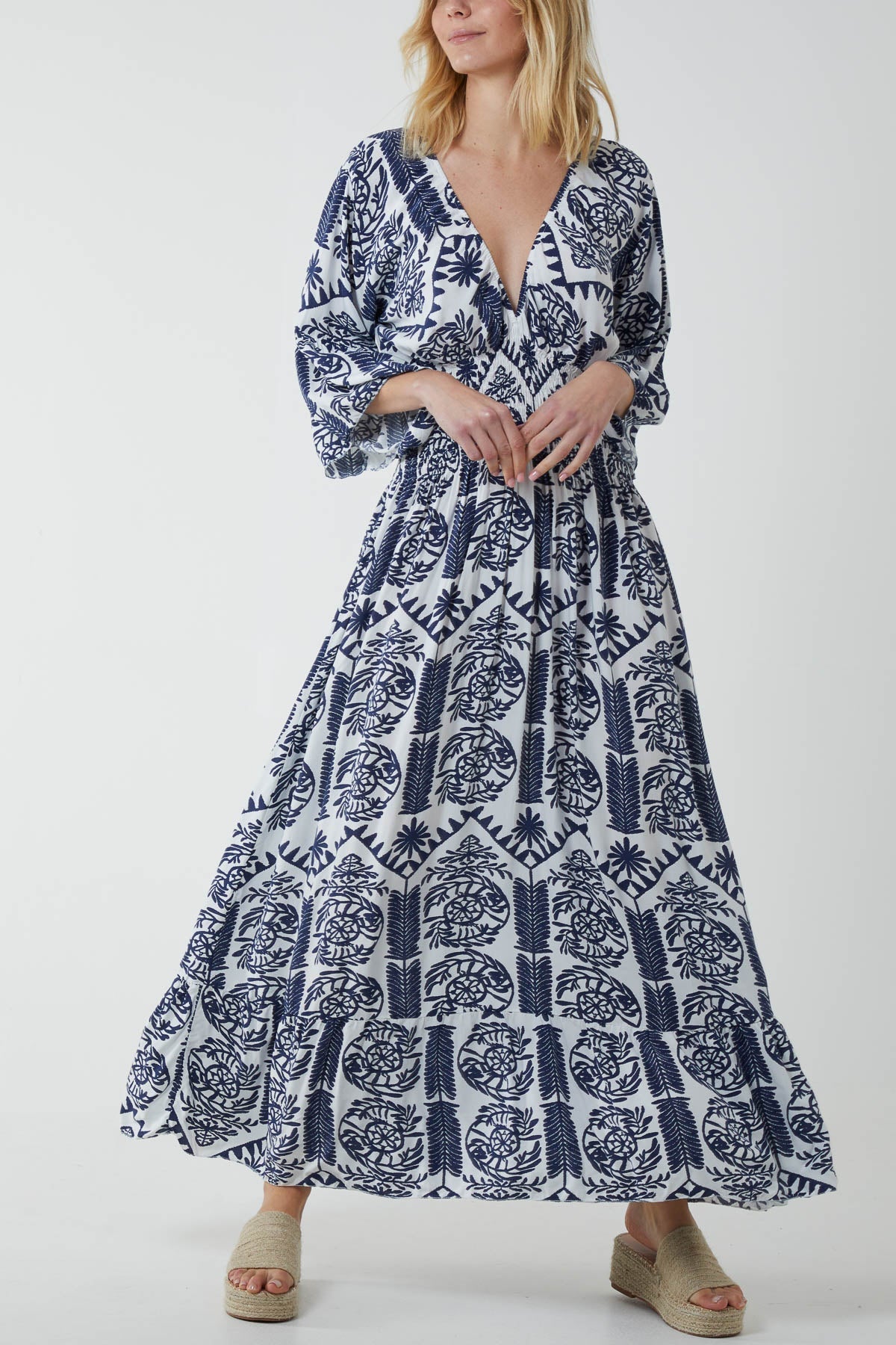 Black Baroque Shirred Bodice Maxi Dress For Women ONE SIZE - Dropwear