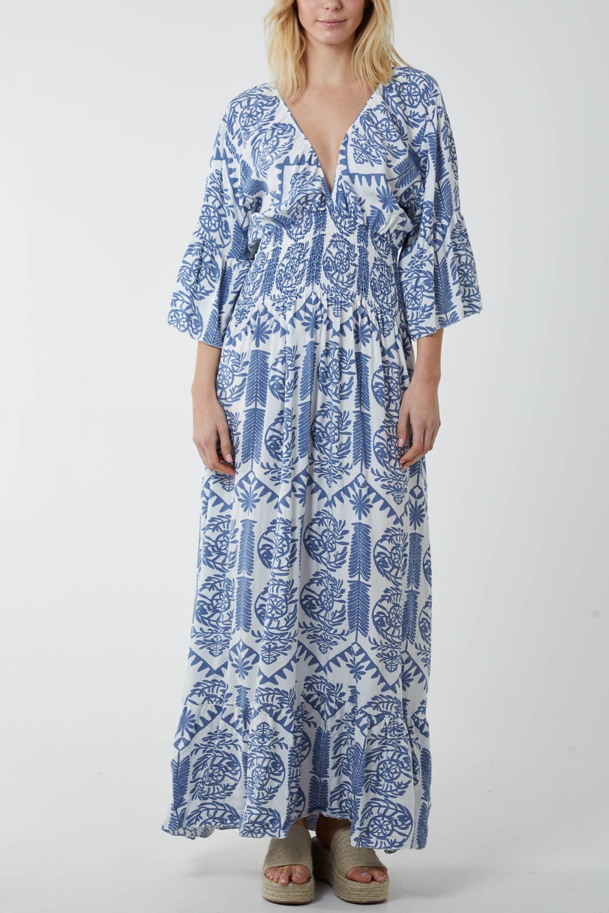 Baroque Shirred Bodice Maxi Dress For Women  - Dropwear